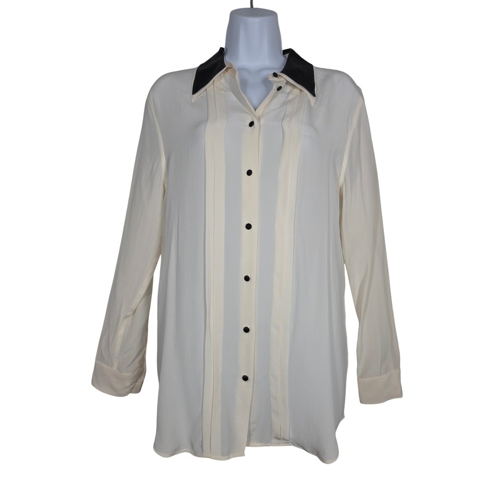 Equipment Femme Silk Tuxedo Blouse Cream Black Contrast Collar Women S Q23-E332